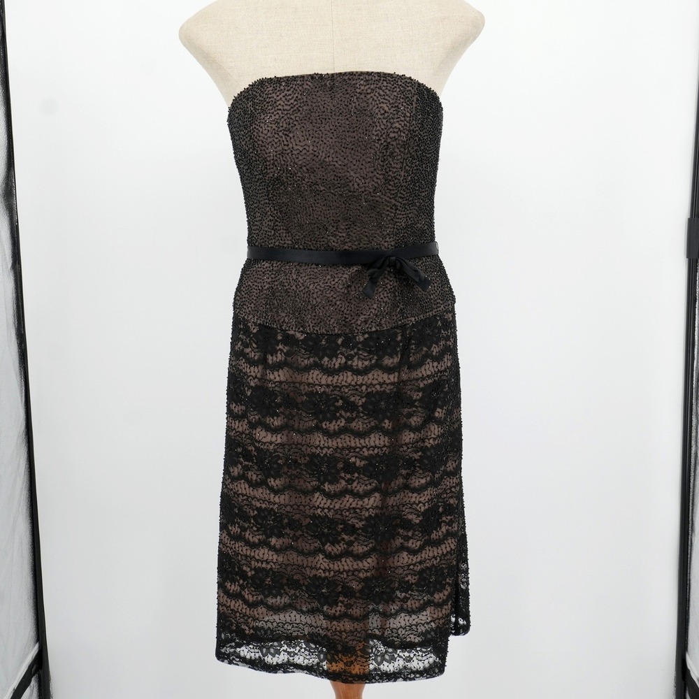 Dolce Jovani Cocktail Dress Womens Black Beaded Lace Strapless Formal Gown